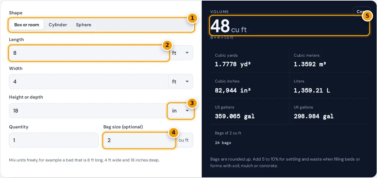 How to use the cubic feet calculator: choose a shape, enter sizes with units, add a bag size, read cubic feet