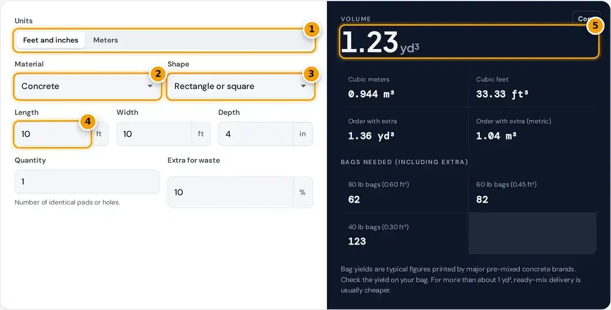 How to use the cubic yard calculator: choose units, material and shape, enter dimensions, then read cubic yards.