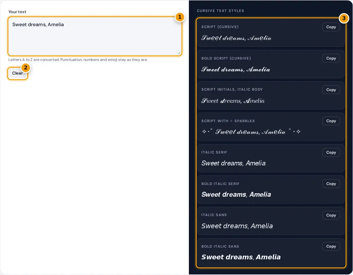 How to use the cursive text generator: type your text, choose a cursive style, then copy and paste it