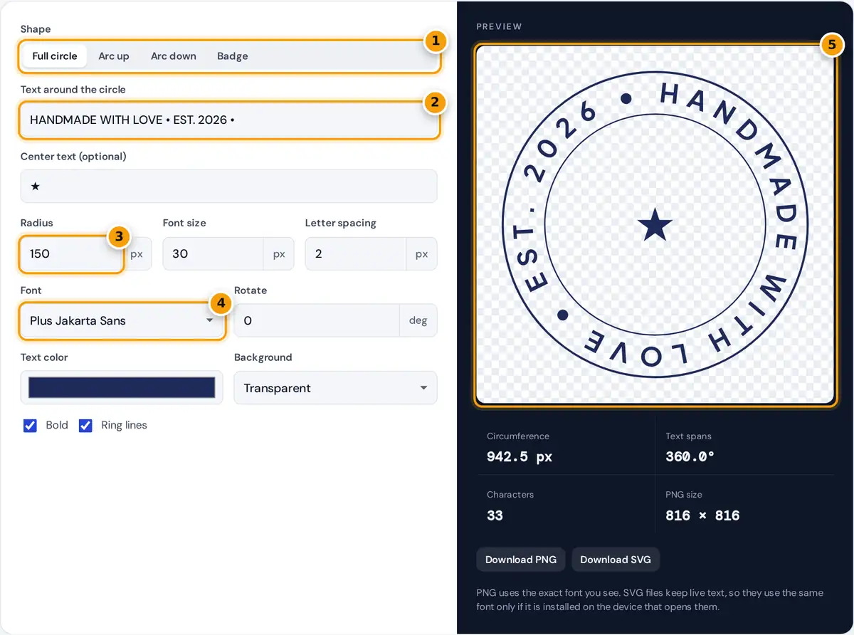 How to use the curved text generator: choose a shape, type text, set radius and font, then download PNG or SVG
