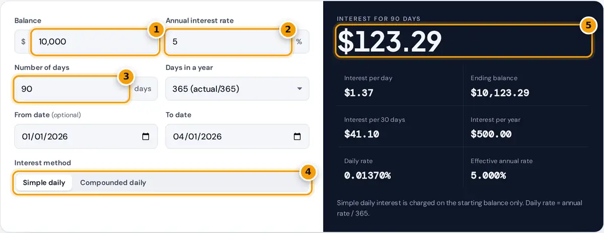 How to use the daily interest calculator: enter balance, rate and days, choose simple or compounded, read interest