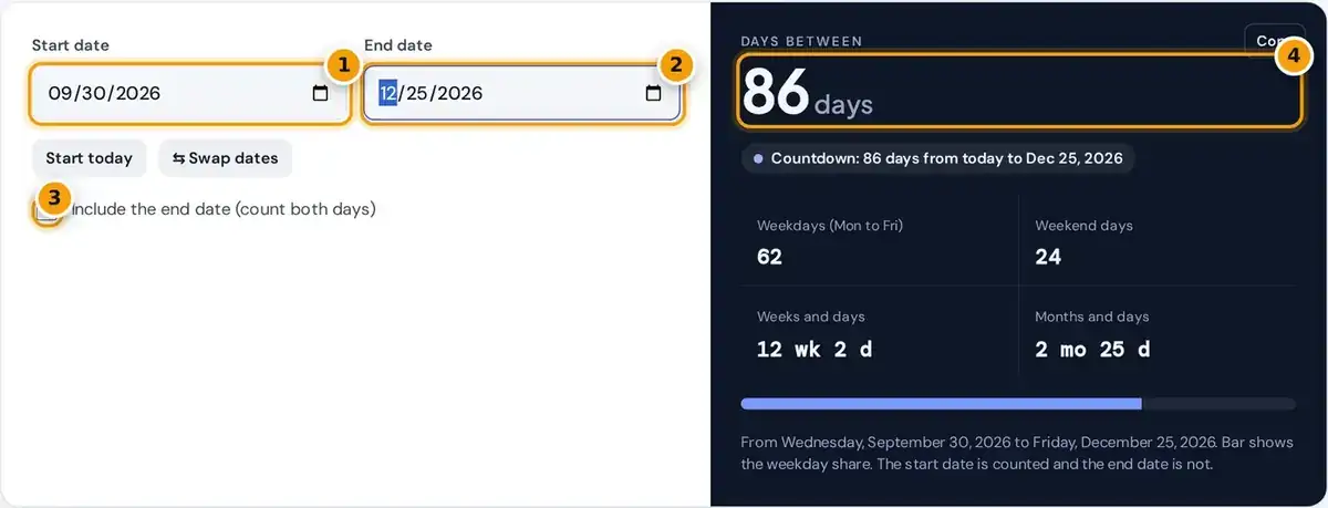 How to use the day counter: enter start and end dates, choose whether to count the end date, then read the days.