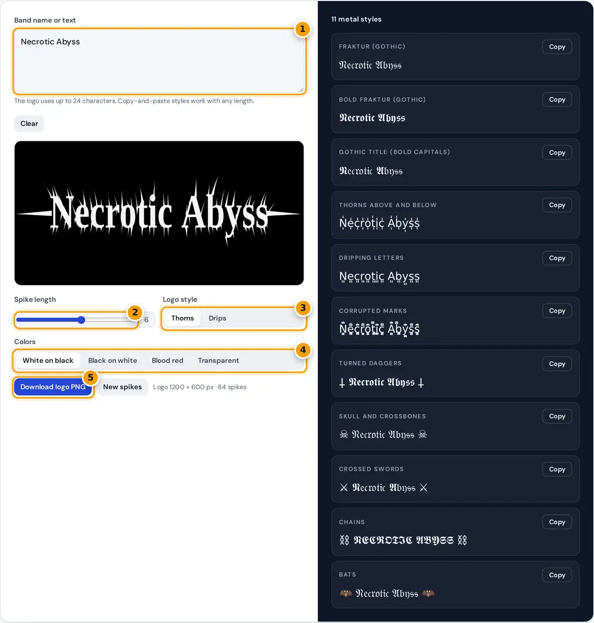 How to use the Death Metal Font Generator: type a band name, set spikes and colors, then download the logo PNG