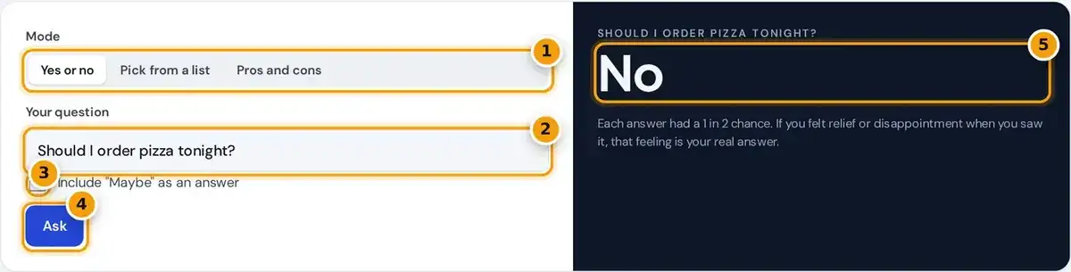 How to use the decision maker: choose a mode, type your question, press Ask and read the answer