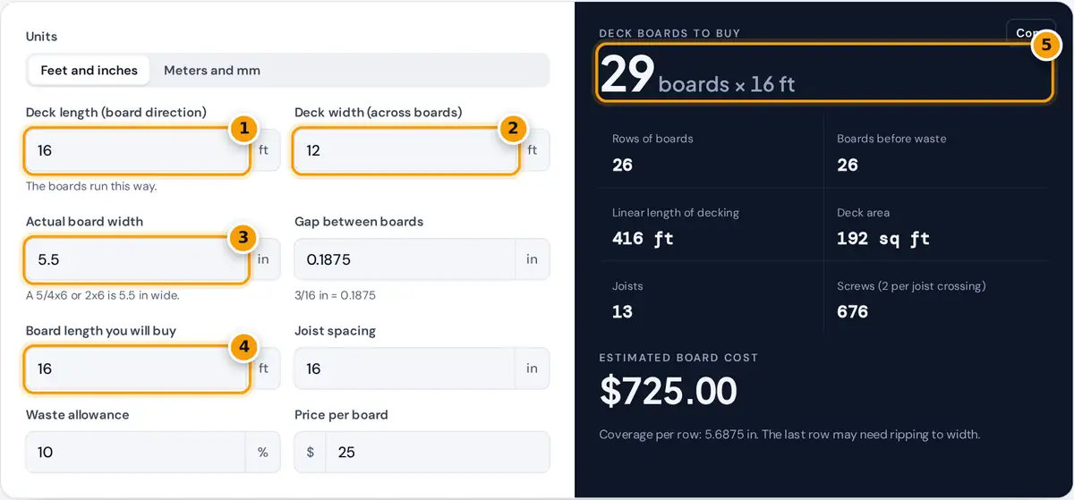 How to use the deck board calculator: enter deck size, board width, gap and length, then read boards to buy