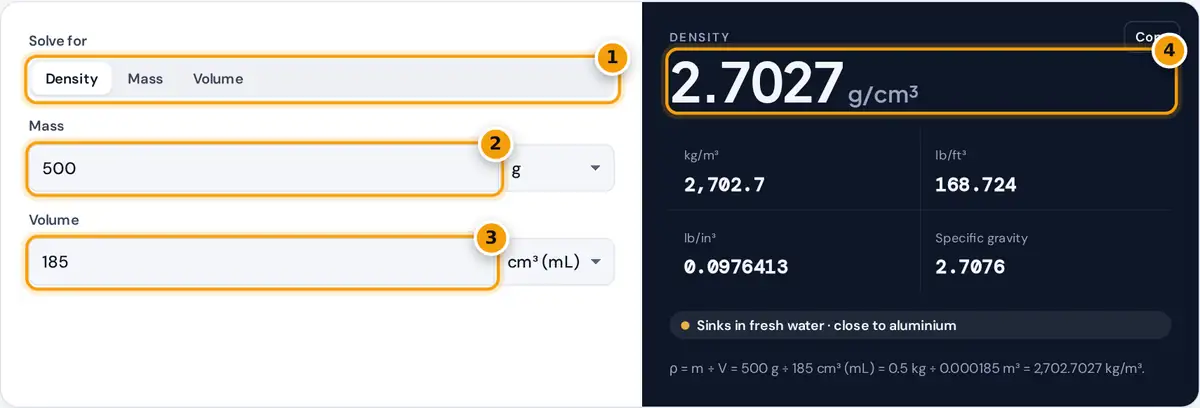 How to use the density calculator: choose what to solve for, enter mass and volume, read the density