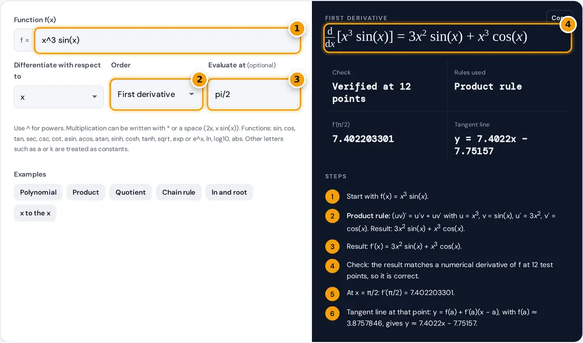 How to use the derivative calculator: enter a function, choose the order and a point, read the derivative