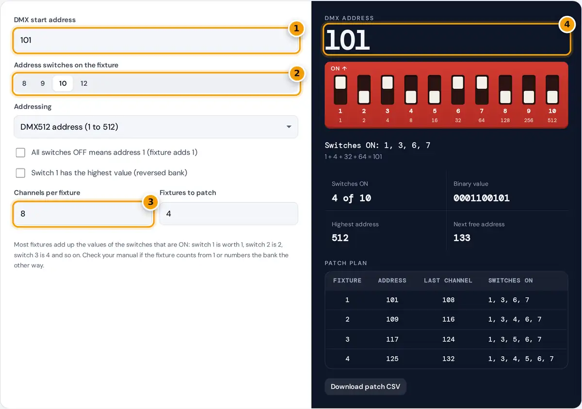 How to use the DIP switch calculator: enter a DMX address, pick the switch count and read the switches to set ON