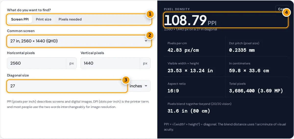 How to use the DPI calculator: choose a mode, pick a screen or enter pixels and size, then read the PPI