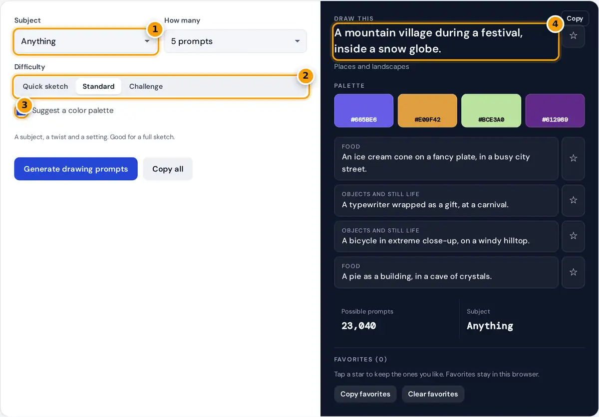 How to use the drawing prompt generator: choose subject and difficulty, then use the prompt and palette