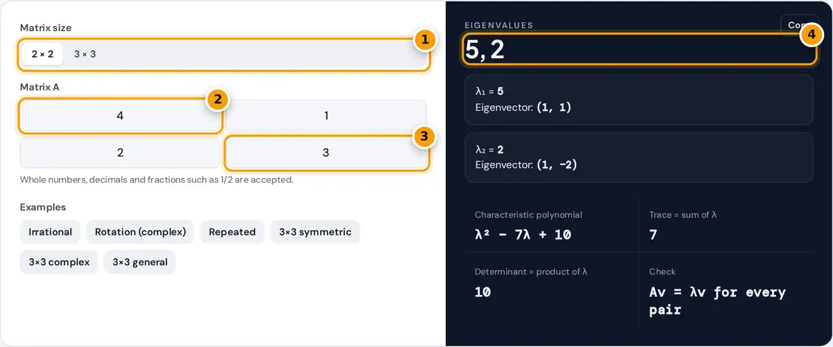 How to use the eigenvalue and eigenvector calculator: choose a size, enter the matrix, then read eigenvalues
