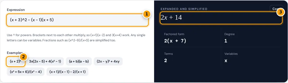 How to use the Expand and Simplify Calculator: expression box, example buttons and the simplified result