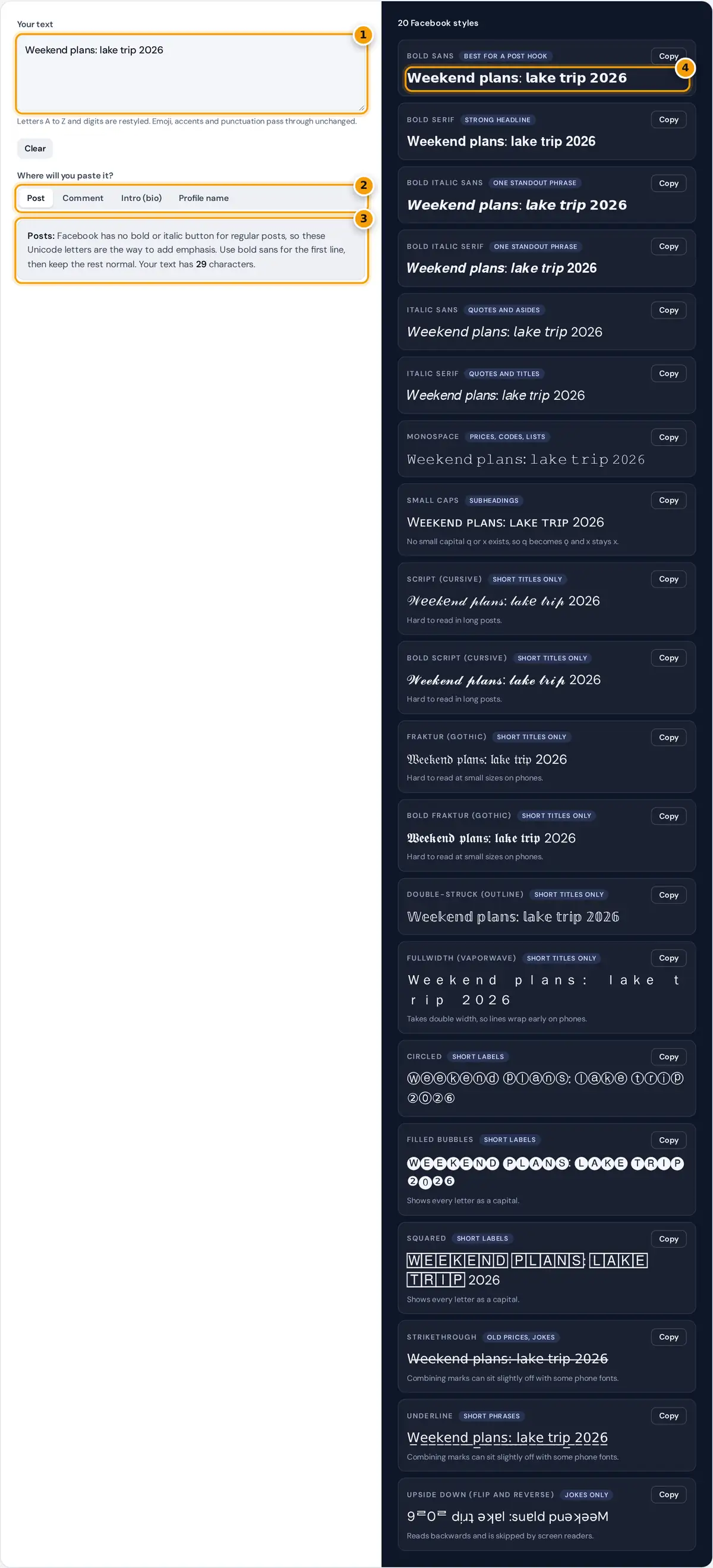 How to use the Facebook Font Generator: type text, pick where to paste it, read the advice and copy a style