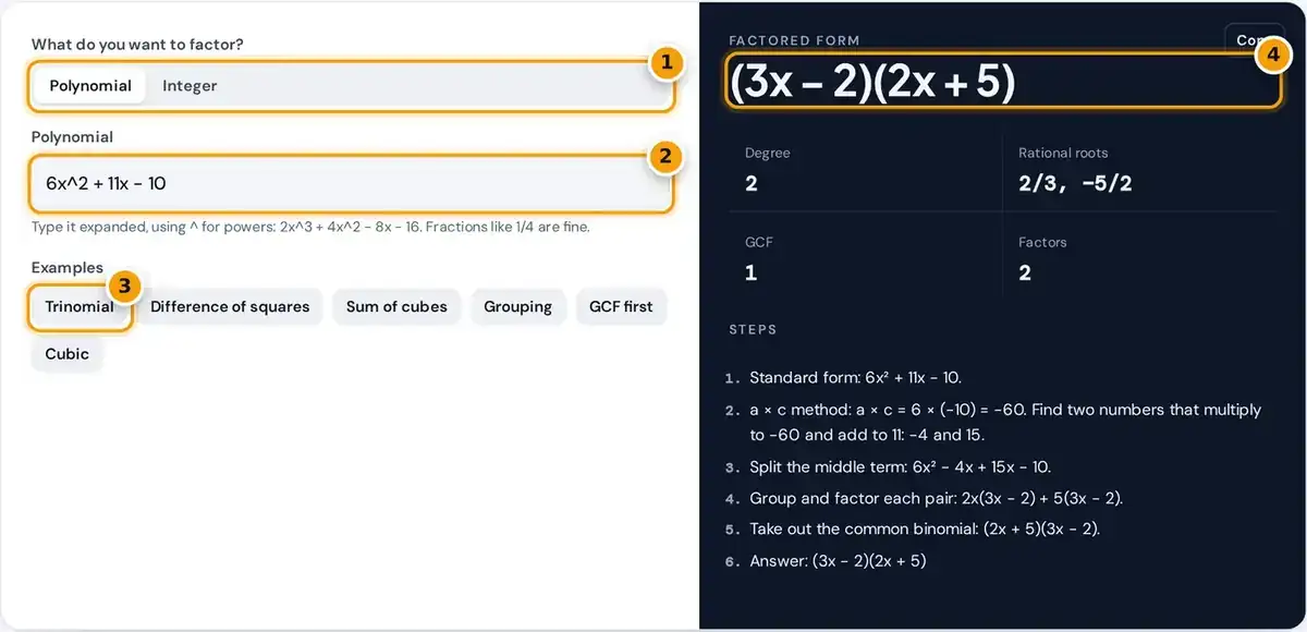 How to use the factoring calculator: choose polynomial or integer, type the expression, try an example, read factors