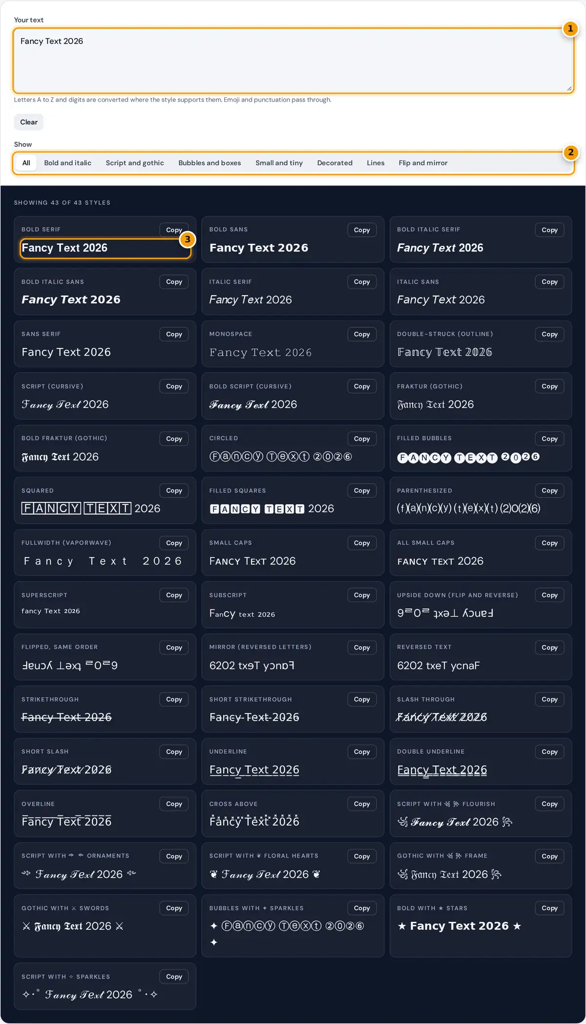 How to use the fancy text generator: type your text, filter the font styles, copy the one you like