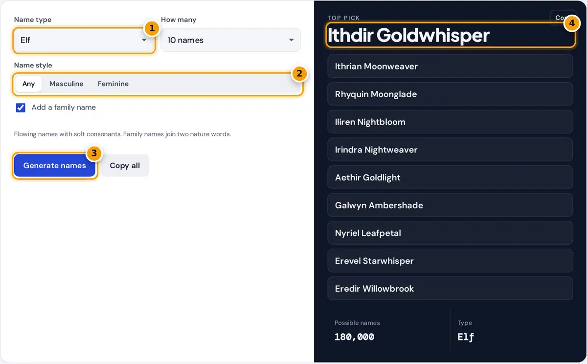 How to use the fantasy name generator: choose a name type and style, press Generate names, copy a name