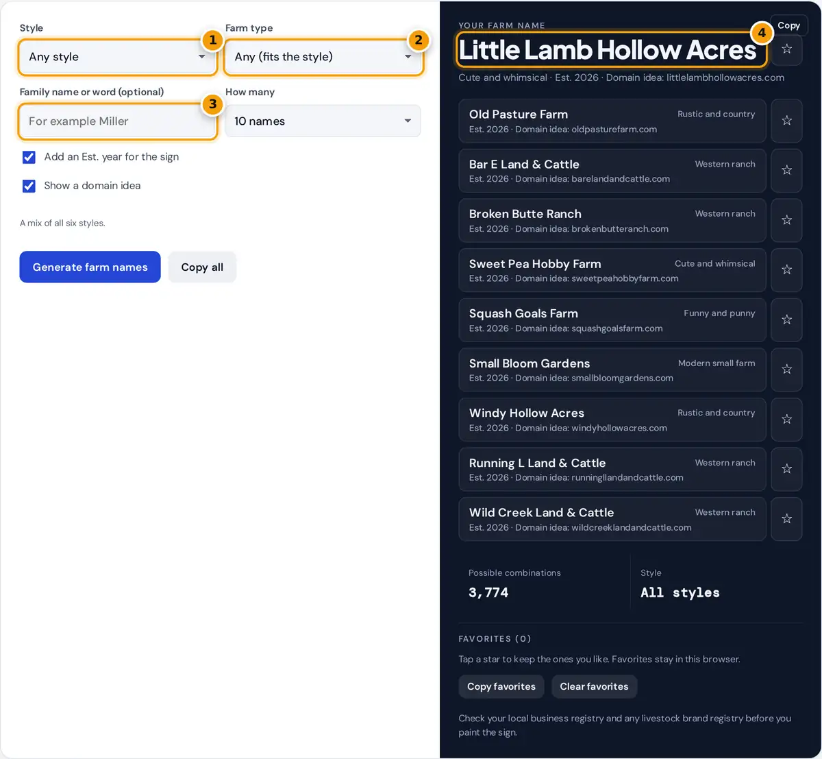 How to use the farm name generator: pick a style and farm type, add a family name, then copy or save names