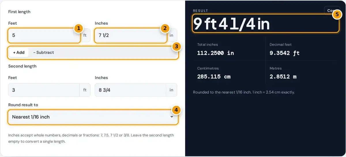 How to use the feet and inches calculator: enter two lengths with fractions, choose add or subtract, read the total