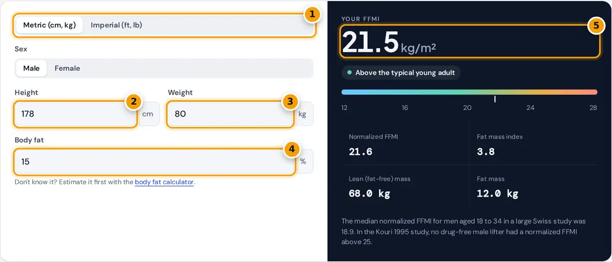 How to use the FFMI calculator: choose units, enter height, weight and body fat, then read your FFMI