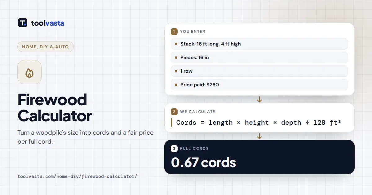 Firewood calculator diagram: a 16 by 4 ft stack of 16 in wood is 0.67 cords, $390 per full cord