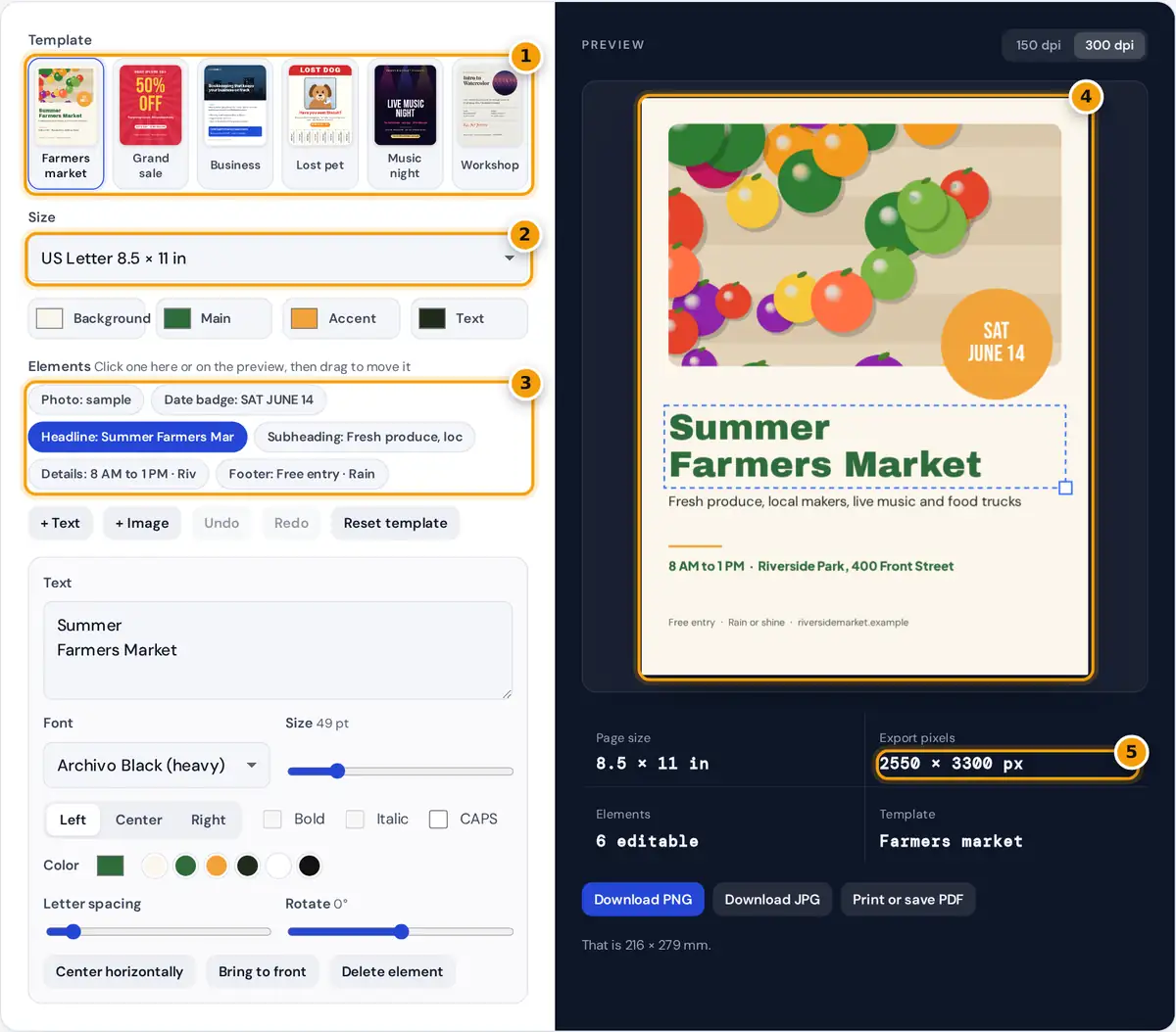 How to use the flyer maker: choose a template and size, edit elements, drag them and download