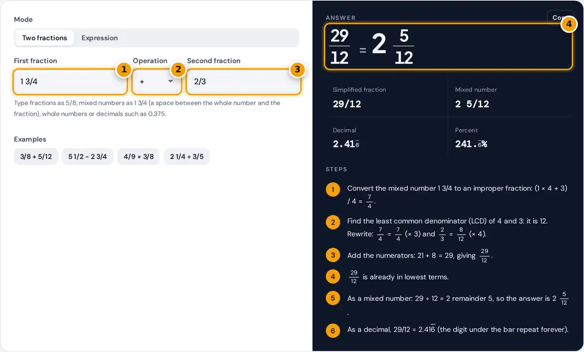 How to use the fraction calculator: type two fractions or mixed numbers, choose an operation, read the answer