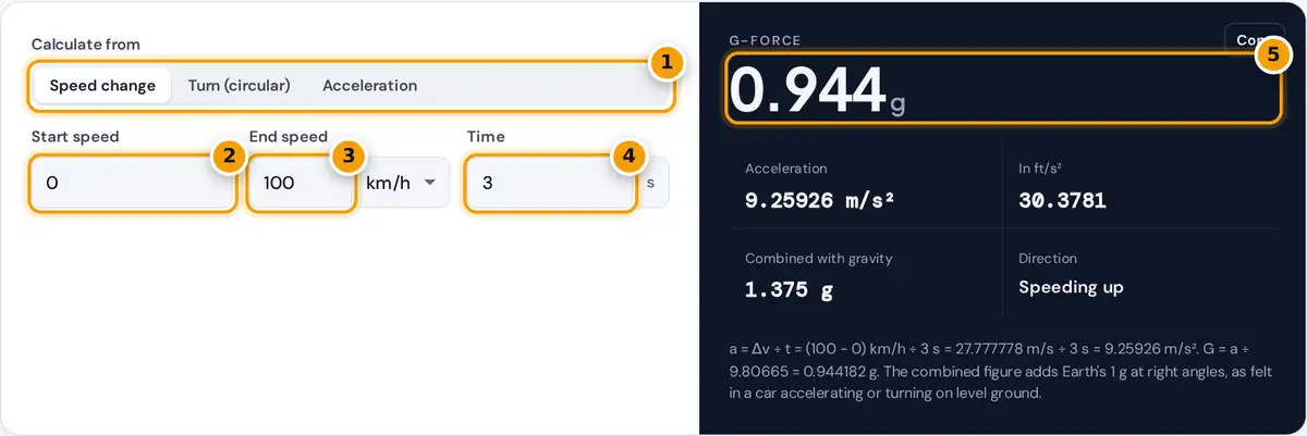 How to use the G Force Calculator: method switch, speeds, time and g-force result