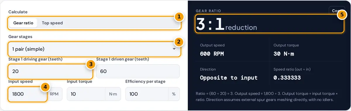 How to use the gear ratio calculator: choose mode and stages, enter tooth counts and input RPM, then read the ratio