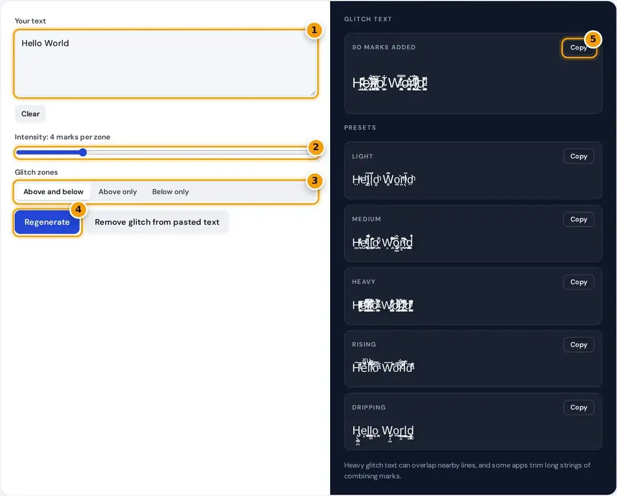 How to use the glitch text generator: type text, set intensity and zones, regenerate and copy