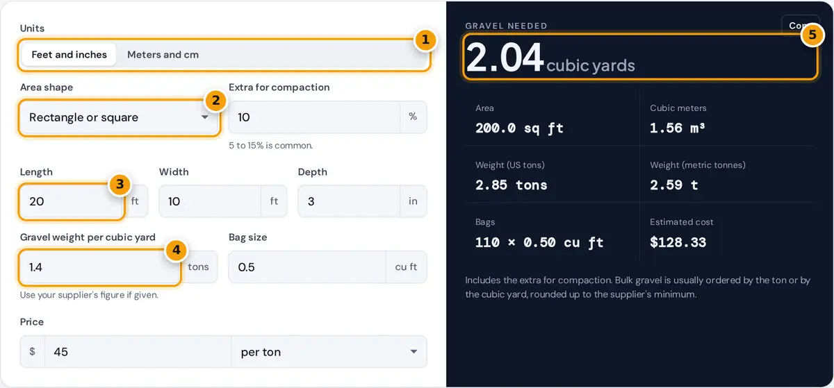 How to use the gravel calculator: pick units and shape, enter size and depth, set weight and price, read the volume
