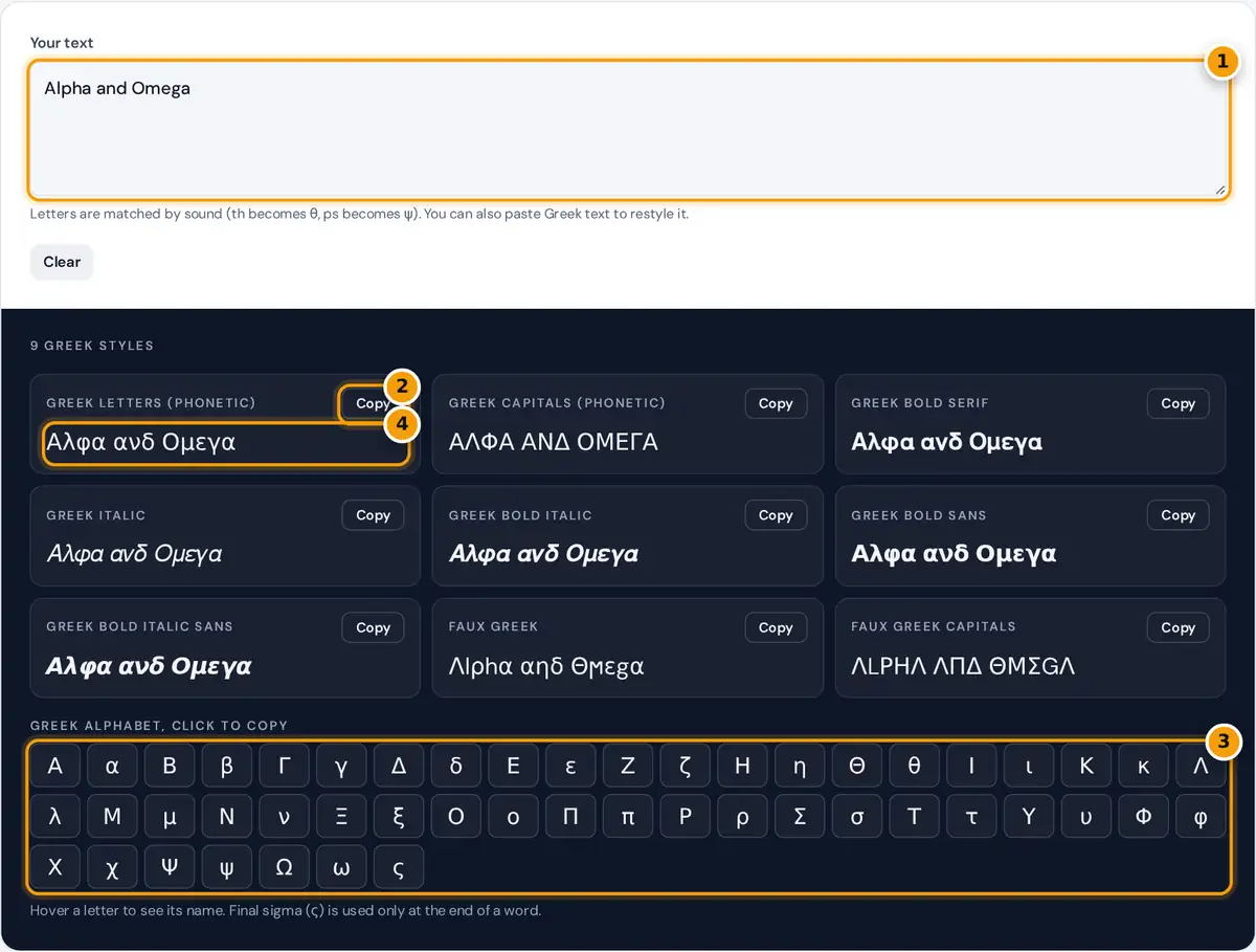 How to use the Greek font generator: type English, copy a Greek style, or click letters in the alphabet grid
