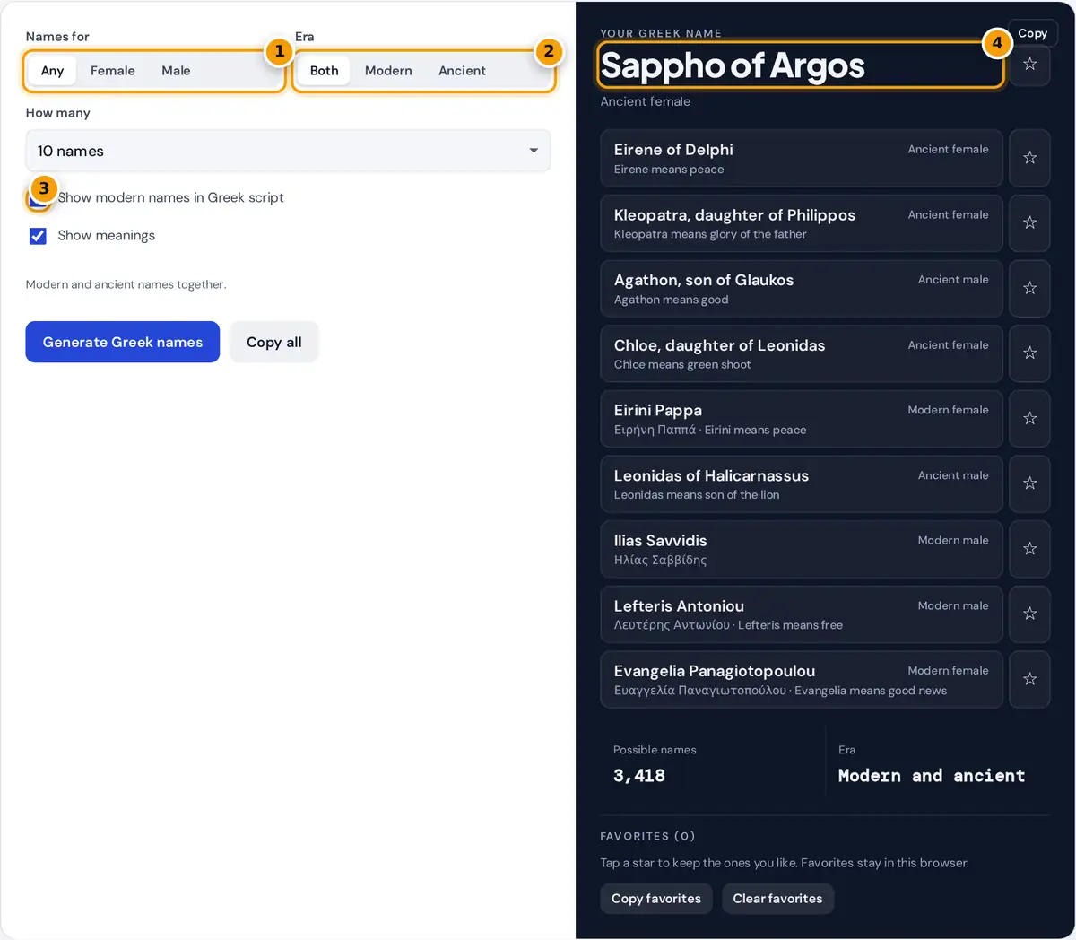 How to use the Greek name generator: choose gender and era, show Greek script, then copy or save names