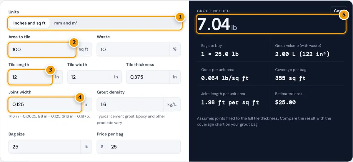 How to use the grout calculator: pick units, enter area, tile size and joint width, read grout and bags
