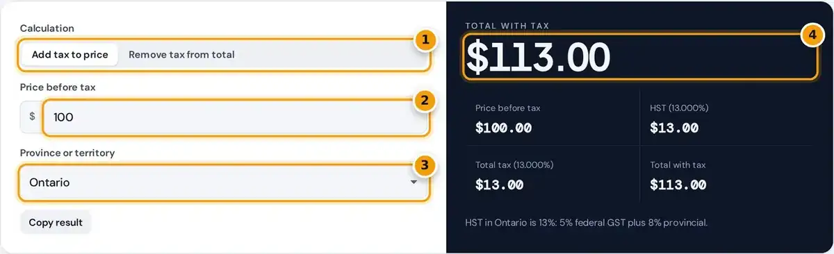 How to use the GST calculator: choose add or remove, enter the amount and province, then read the total with tax