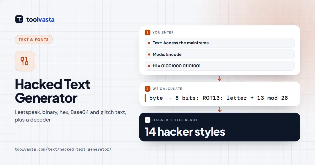 Hacked Text Generator diagram: a message turned into leetspeak, binary, hex and ROT13 hacker text