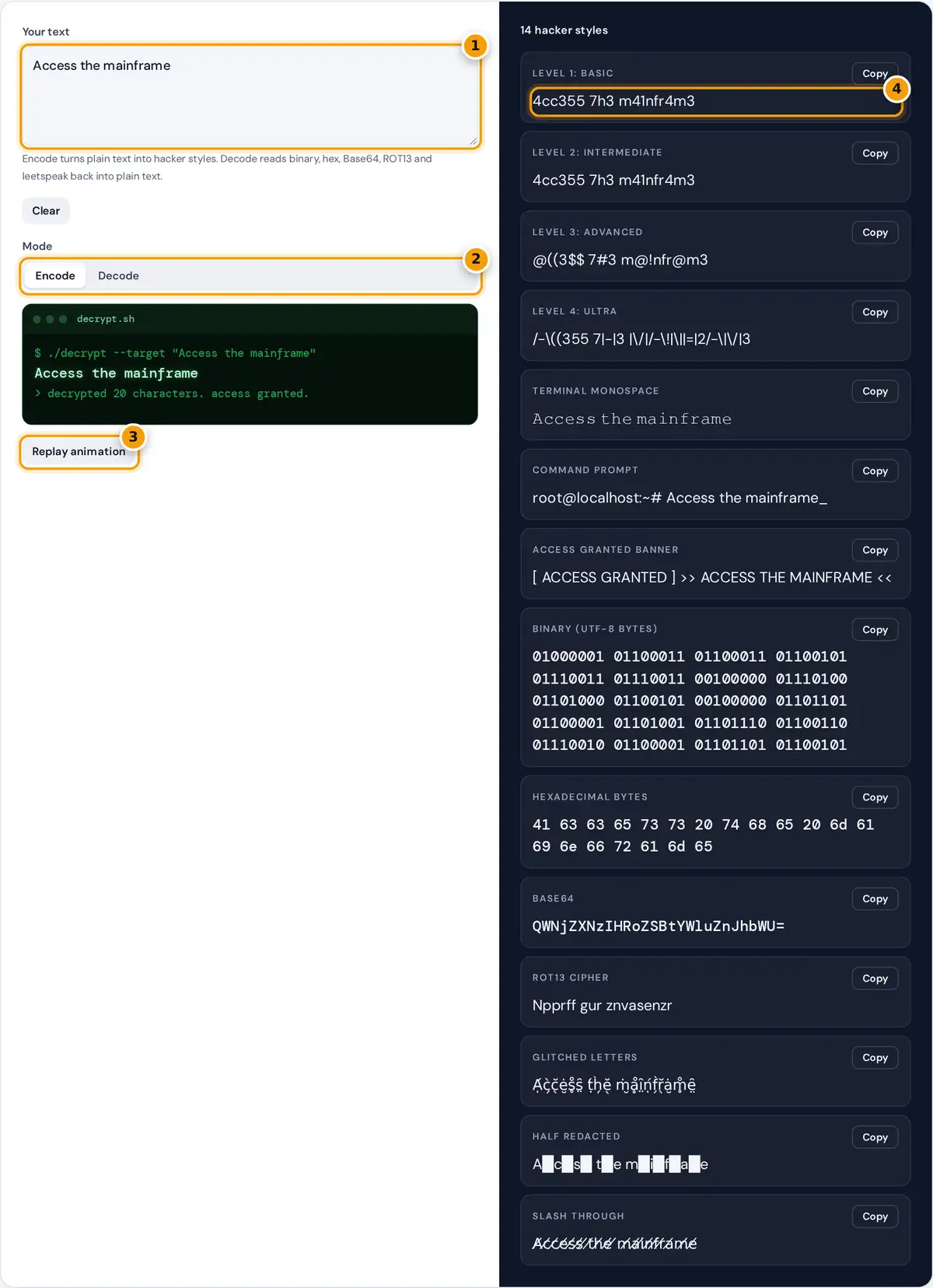 How to use the Hacked Text Generator: type text, choose encode or decode, replay the terminal and copy a style