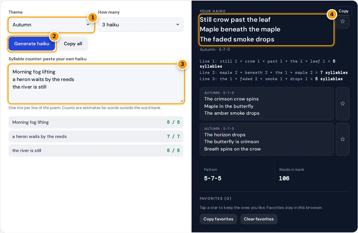 How to use the haiku generator: pick a theme, generate haiku and check your own poem's syllables