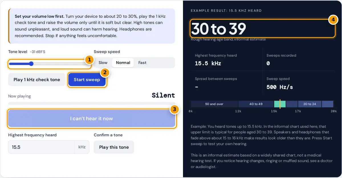 How to use the hearing age test: set volume low, start the sweep, stop when the tone fades, read the age band