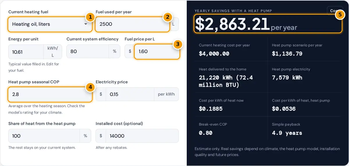 How to use the heat pump cost calculator: pick fuel, enter use and prices, set COP, read yearly savings