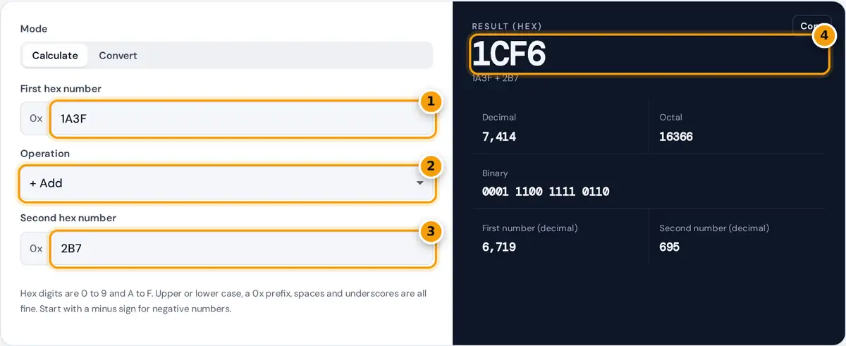 How to use the hex calculator: enter two hex numbers, choose an operation, read the result in hex