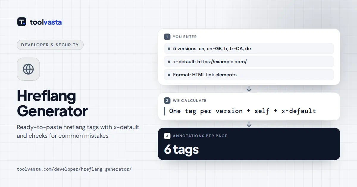 Hreflang generator diagram: five language versions plus x-default produce 6 hreflang tags per page