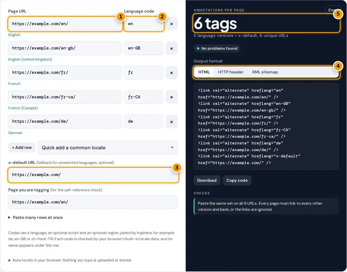 How to use the hreflang generator: enter URLs and language codes, add x-default, pick a format and review the checks