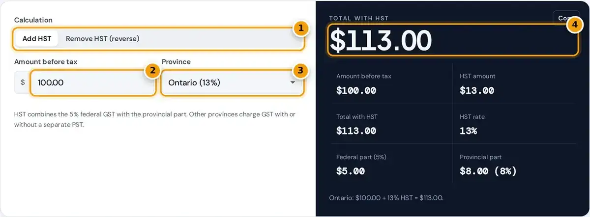 How to use the HST calculator: choose add or remove, enter the amount and pick the province to see the HST