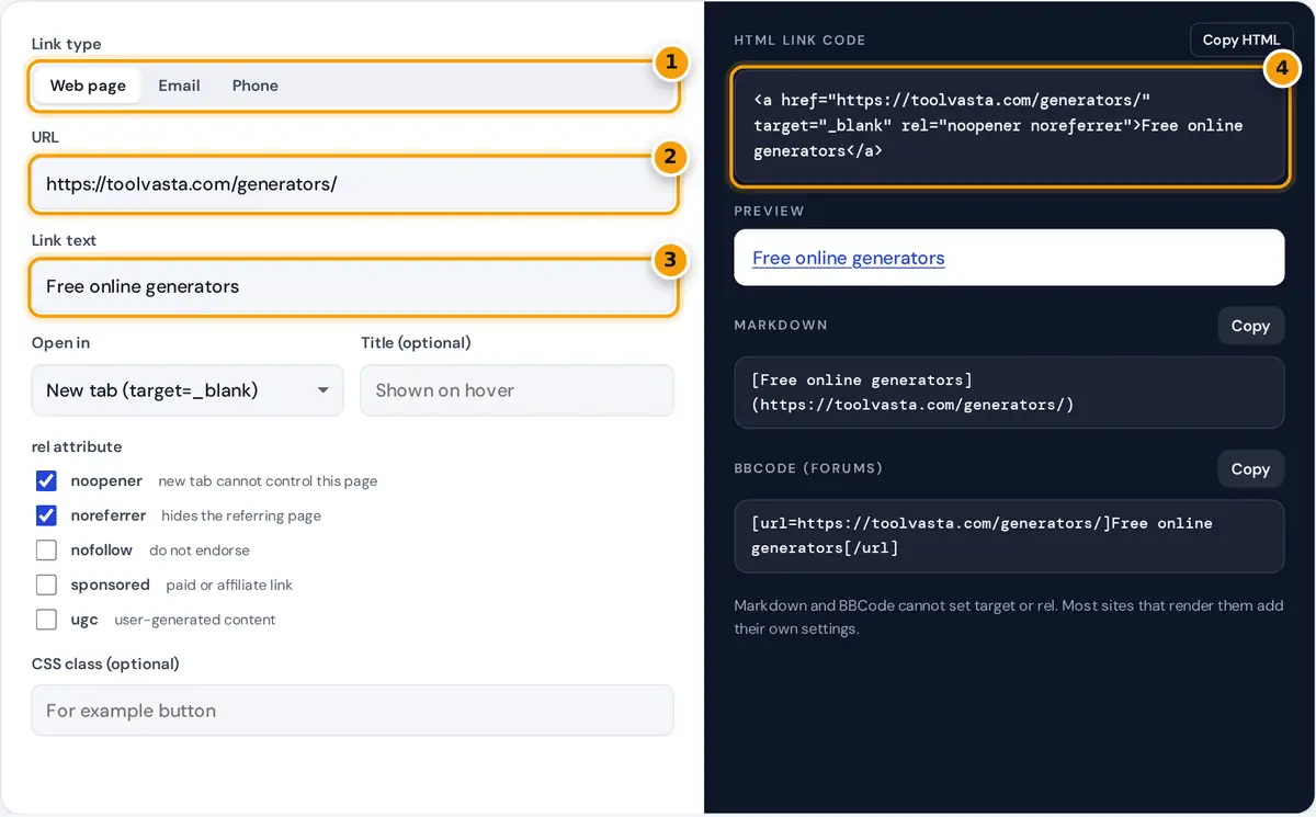 How to use the hyperlink generator: choose link type, enter URL and text, set options, copy the code