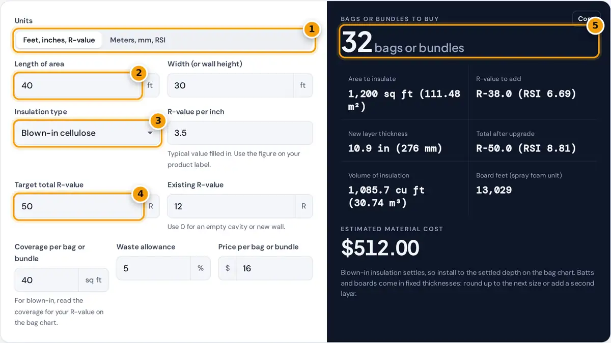 How to use the insulation calculator: choose units, enter area, pick insulation type and target R-value, read bags
