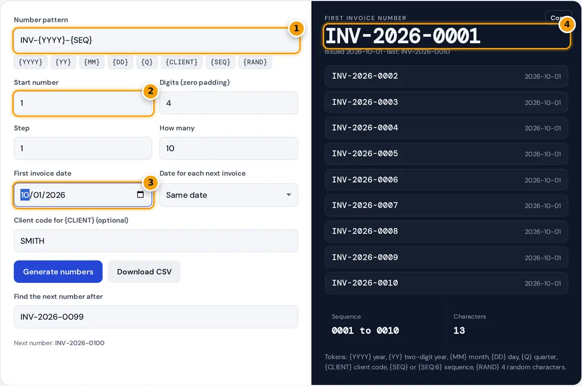 How to use the invoice number generator: set a pattern, start number and date, then copy or download