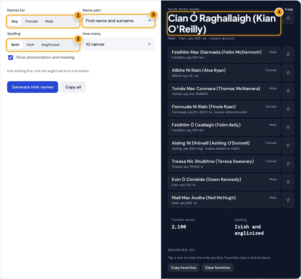 How to use the Irish name generator: choose gender, spelling and name part, then copy or save names