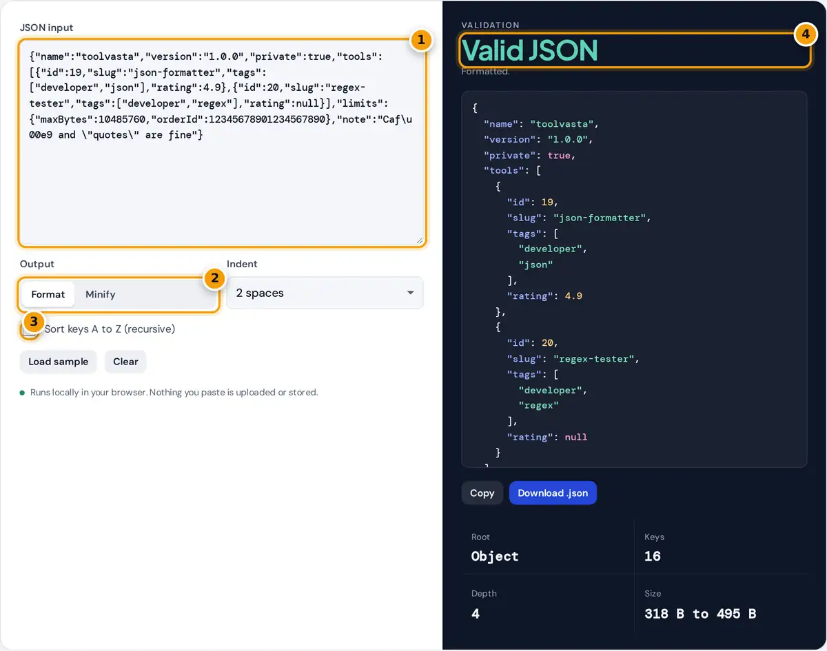 How to use the JSON formatter: paste JSON, choose format or minify, sort keys, check validation and copy