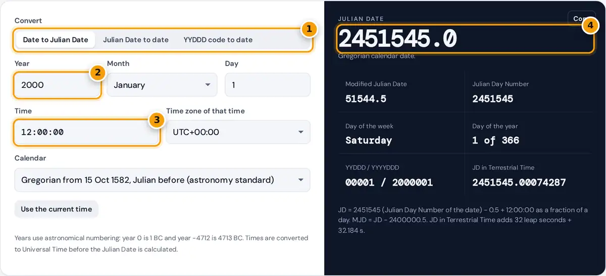 How to use the Julian date converter: choose a mode, enter the date and time, then read the JD
