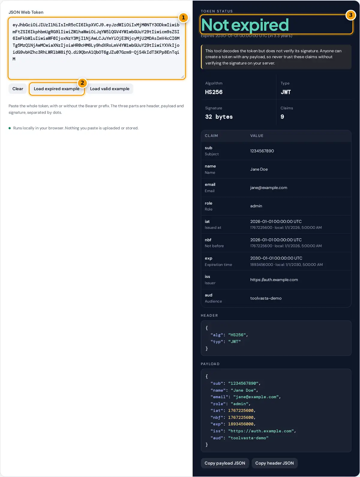 How to use the JWT decoder: paste a token, try the examples, read the status, claims, header and payload